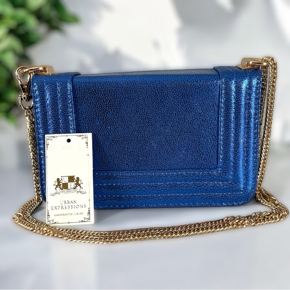 Urban Expressions Cobalt Metallic Misty Blue Gold Accent Chain Bag Purse New
